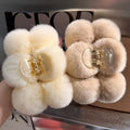 Set of Two Oversized Plush Hair Clips with Rabbit Ears - Adorable Faux Pom Pom Style