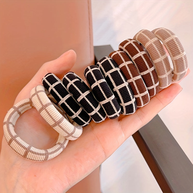 10pcs Hair Ties 10pcs Thick Hair Ties | High Elasticity Multi-Color Bohemian & Hip-Hop Style Hair Bands with Checkered