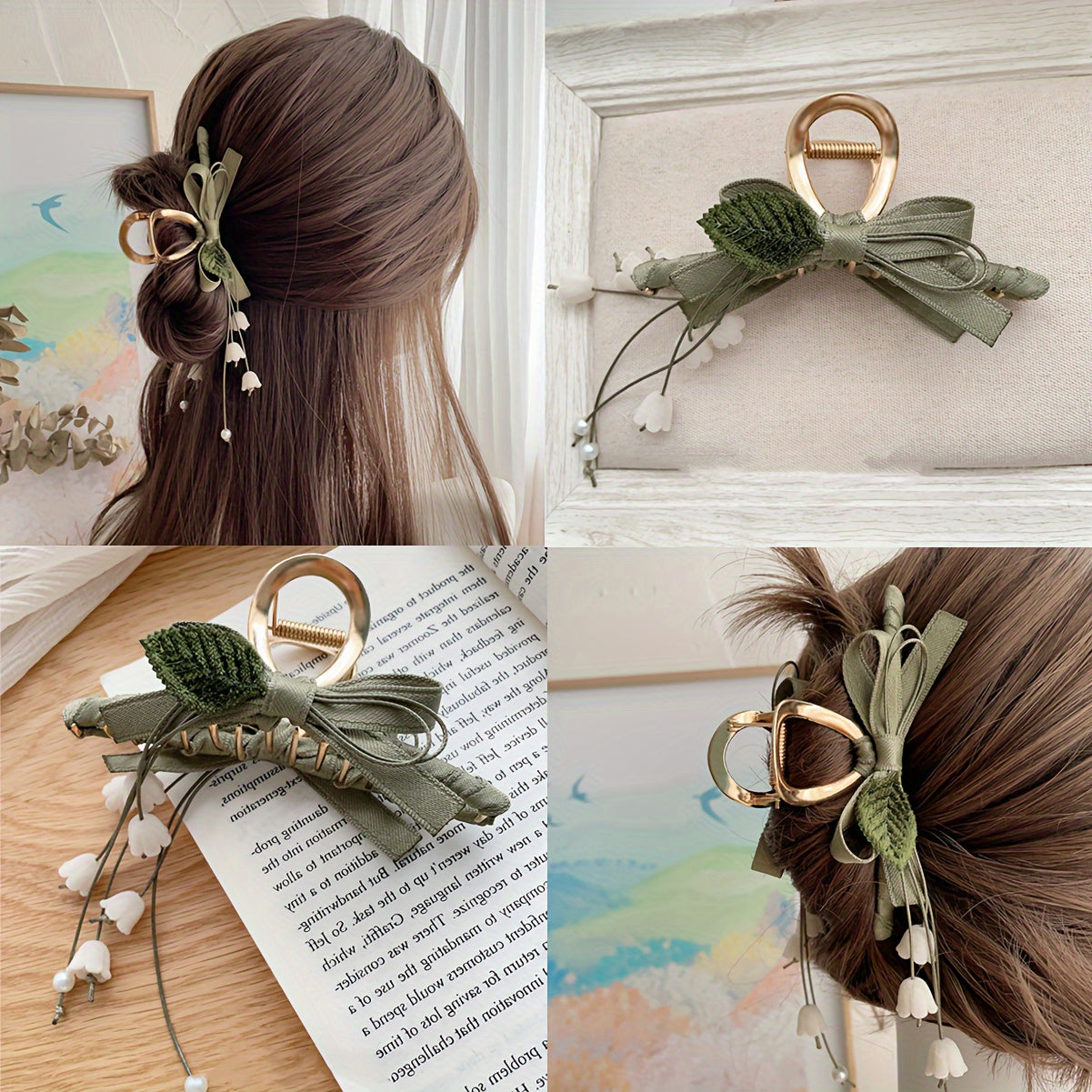 Vintage Elegance Fabric Flower Hair Clip with Bow Detail, French Forest Lily Tassel Design