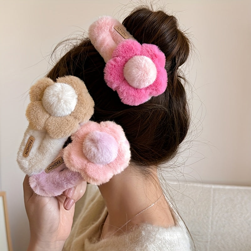Fluffy Flower Hair Clips for Girls, Dressy Sweet Style Knit Fabric Hair Accessories
