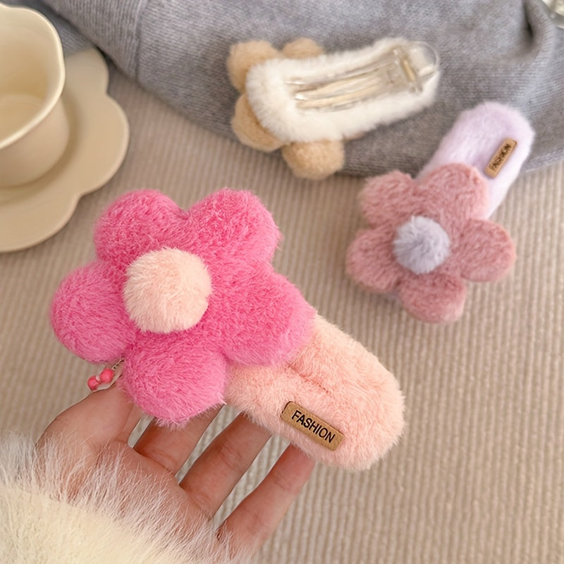 Fluffy Flower Hair Clips for Girls, Dressy Sweet Style Knit Fabric Hair Accessories