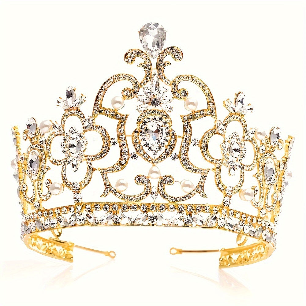 Baroque Rhinestone Crown Headband, Zinc Alloy White Tiara with Plant Details