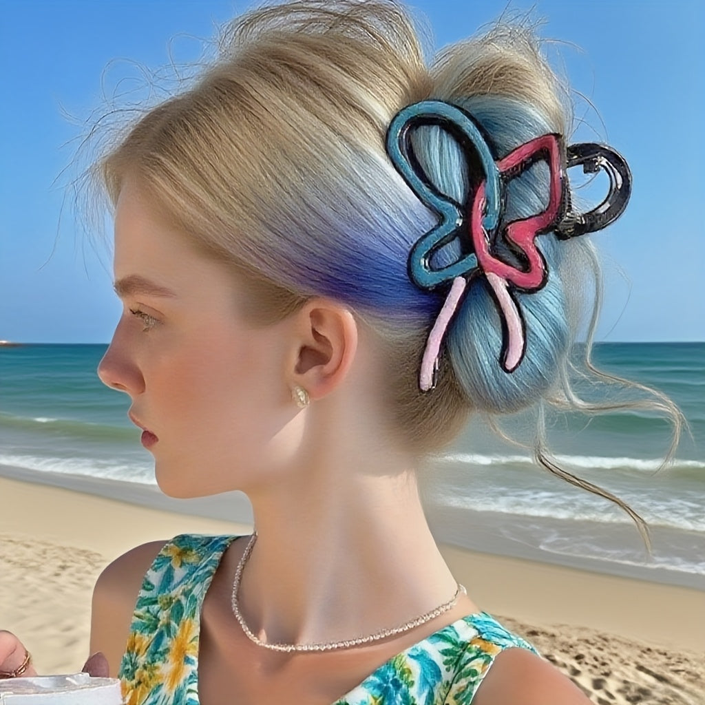 4pcs Wave Color Block Large Hair Clips with Shark Clip Design