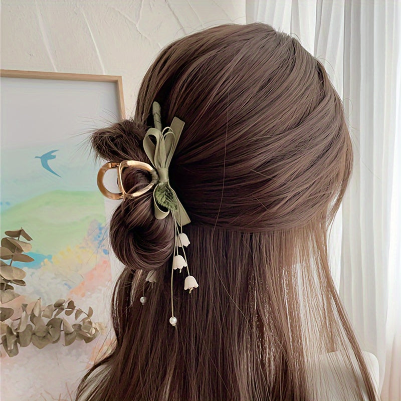 Vintage Elegance Fabric Flower Hair Clip with Bow Detail, French Forest Lily Tassel Design