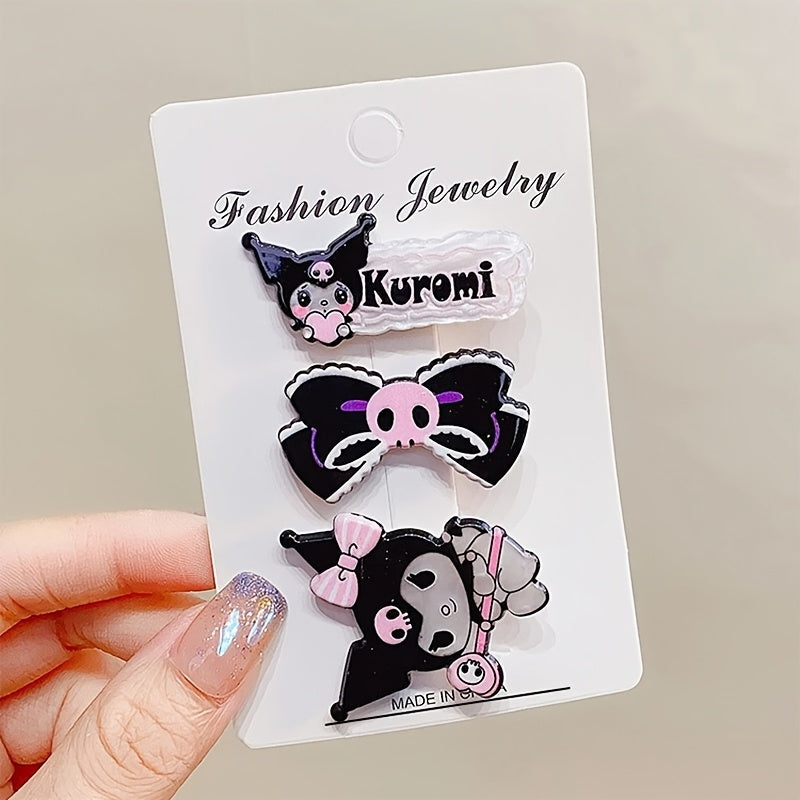 Adorable Set of 3 Sanrio Hair Clips Featuring Cartoon Characters Kuromi, for Hello Kitty