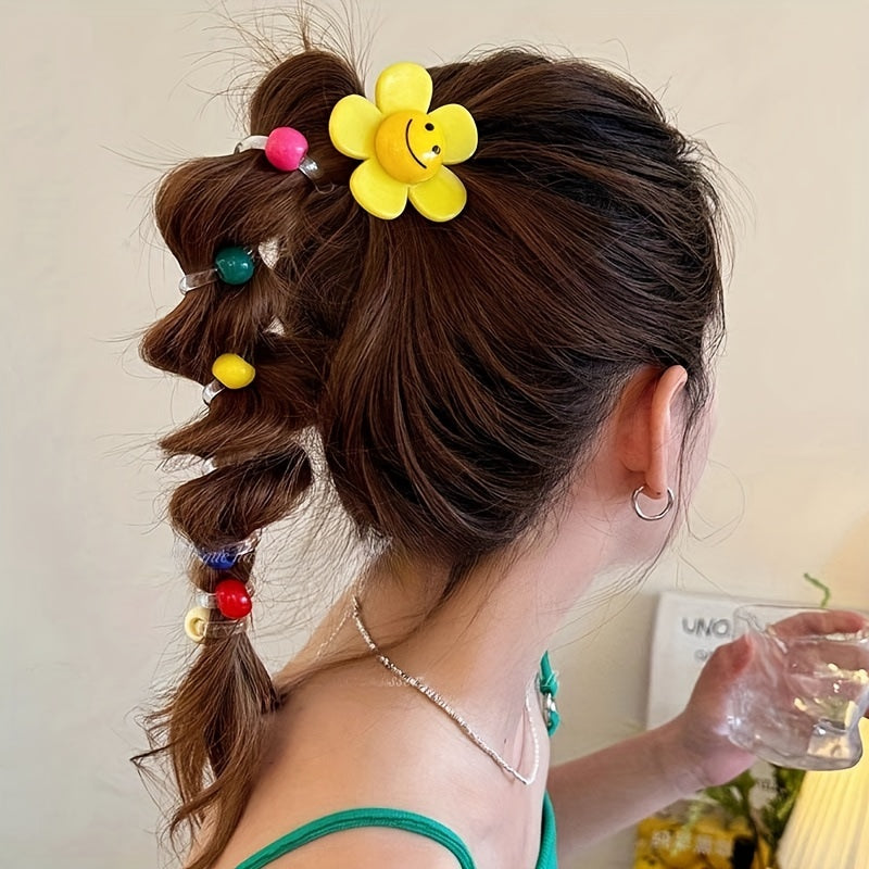 4pcs Sweet Sunflower Bubble Braid Hair Ties - Durable Smile Flower Phone Cord Hair Accessories