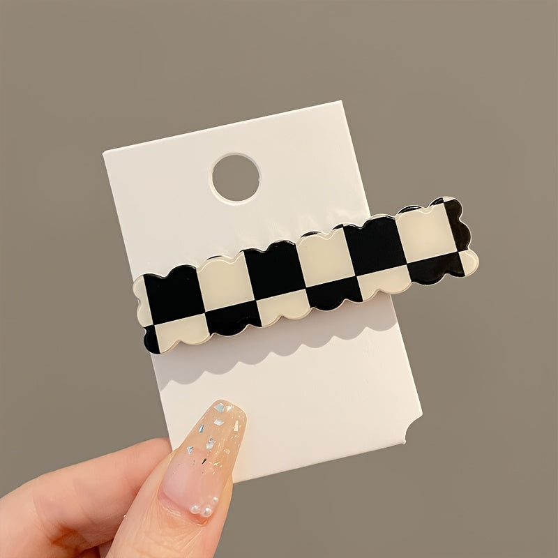 Chic Black & White Plaid Hair Clip - Seamless Acrylic Duckbill Barrette for Bangs Styling, Bangs Styling