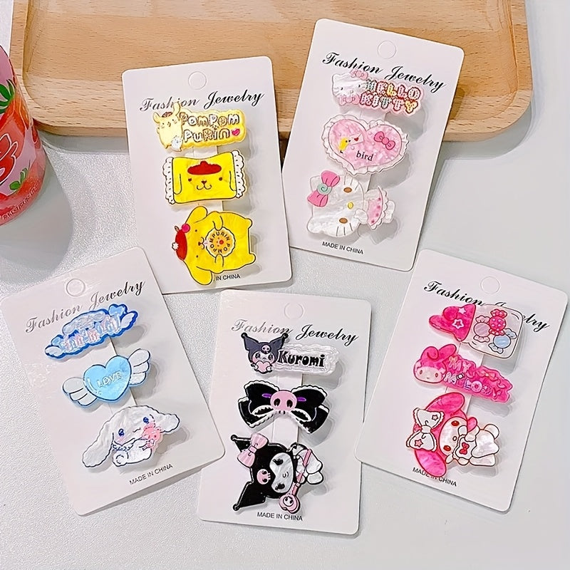Adorable Set of 3 Sanrio Hair Clips Featuring Cartoon Characters Kuromi, for Hello Kitty