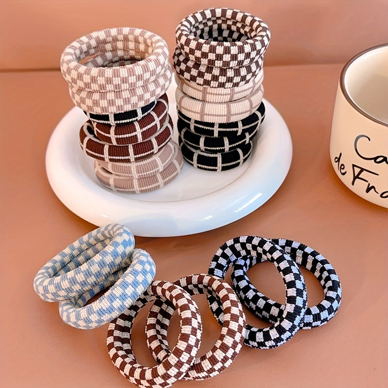 10pcs Hair Ties 10pcs Thick Hair Ties | High Elasticity Multi-Color Bohemian & Hip-Hop Style Hair Bands with Checkered