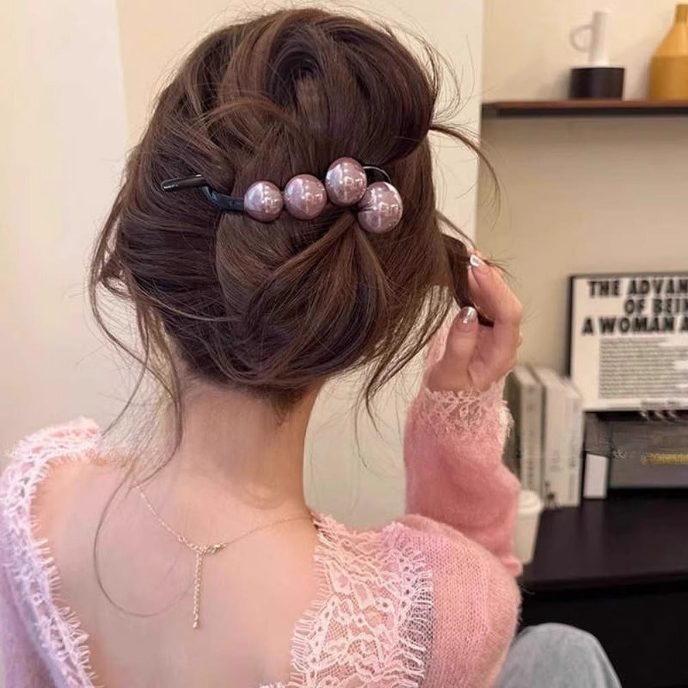 4pcs Elegant Pearl Hair Clips for Women - Long Hair with Black Ribbon Decoration