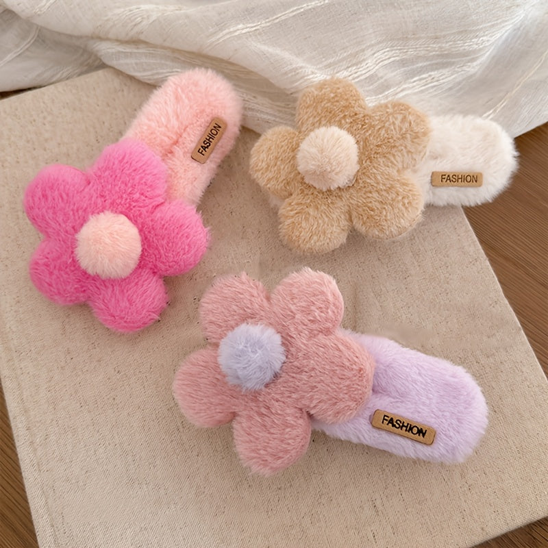 Fluffy Flower Hair Clips for Girls, Dressy Sweet Style Knit Fabric Hair Accessories