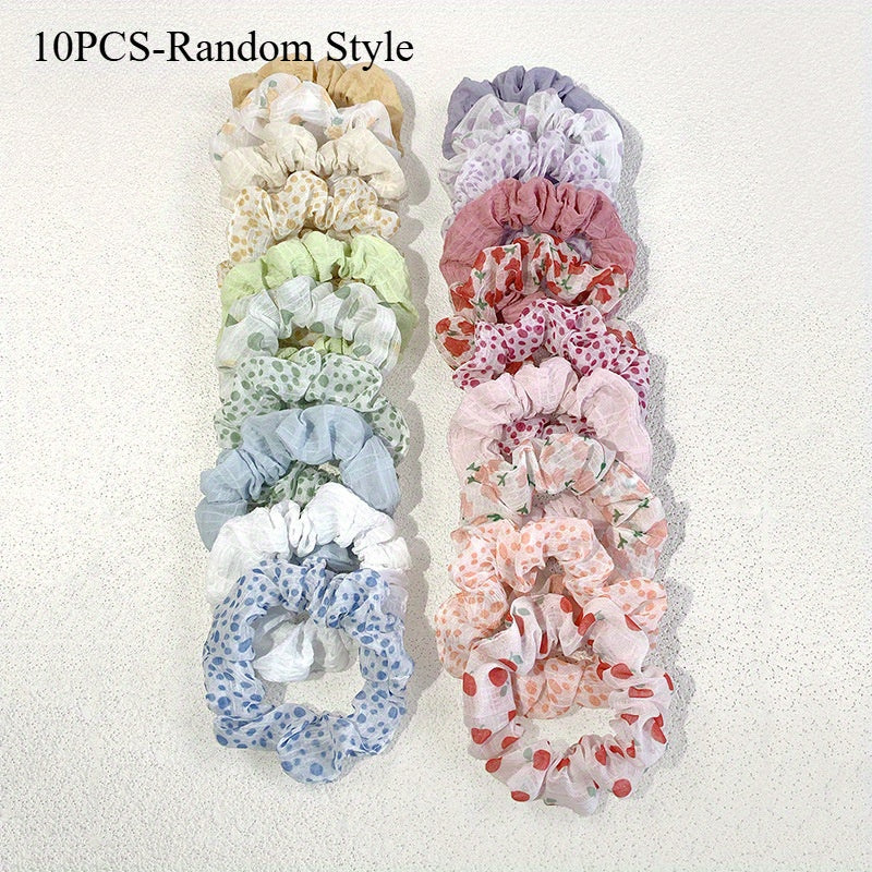 10pcs Floral Scrunchies Hair Ties - Soft Elastic Hair Bands with Assorted Pastel & Vibrant Flower Patterns