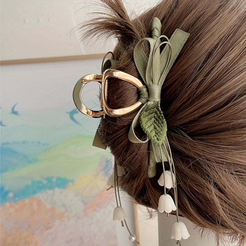 Vintage Elegance Fabric Flower Hair Clip with Bow Detail, French Forest Lily Tassel Design
