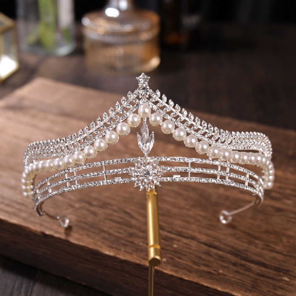 Elegant Pearl Crown Headpiece for Women - Sparkling Rhinestone Princess Crown with Floral Design