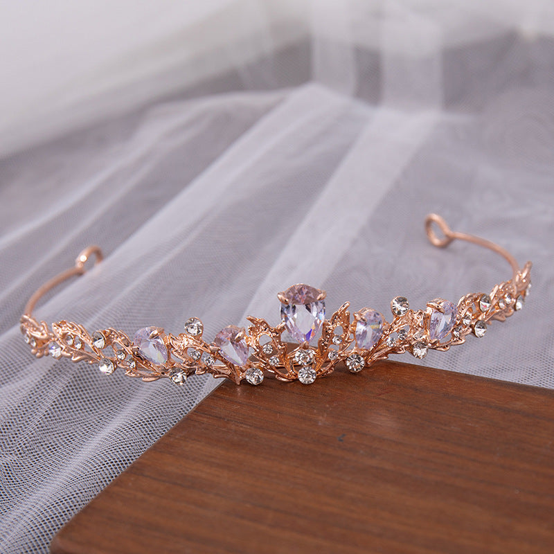 Korean Bridal Headband Small Crown Headdress with Heart-Shaped Purple