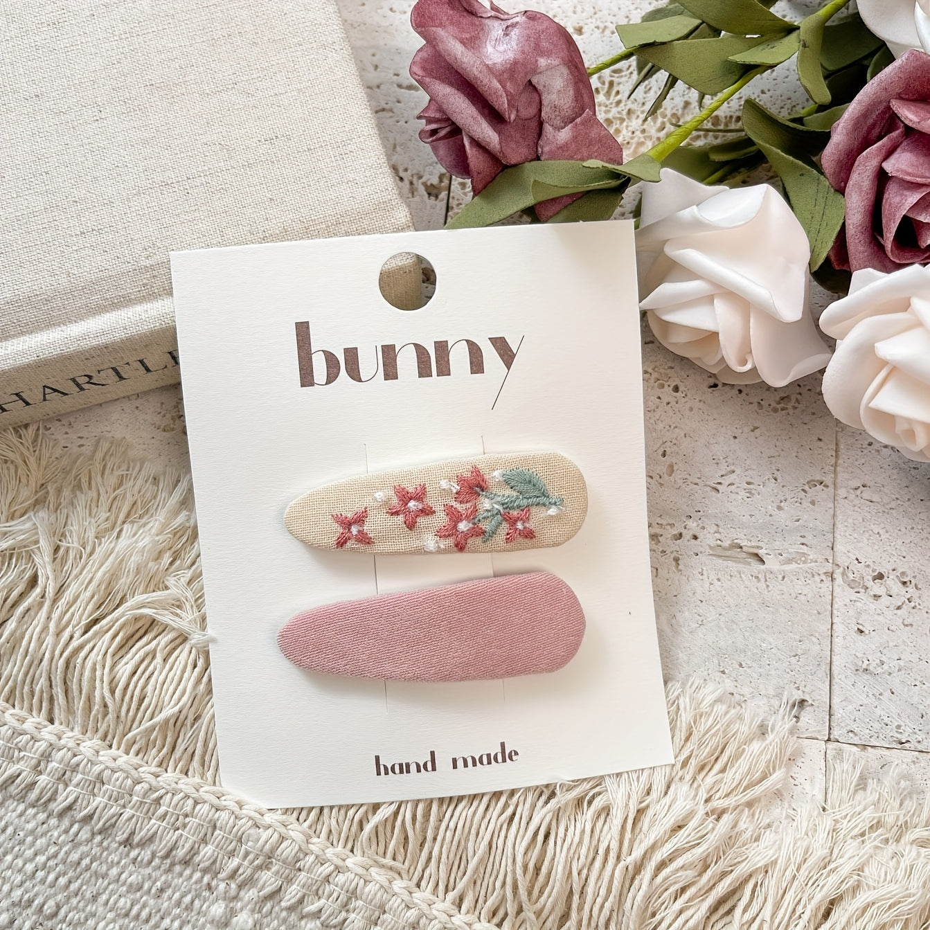 2pcs Pink Retro Embroidery Flower Hairpin Headwear For Girls