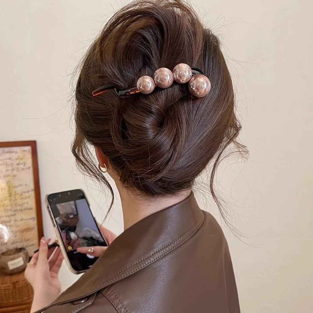 4pcs Elegant Pearl Hair Clips for Women - Long Hair with Black Ribbon Decoration