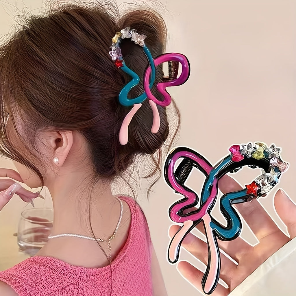 1pc Elegant Bohemian Bow Hair Clip - Large Colorful Acrylic Hairpin with Sparkling Rhinestones