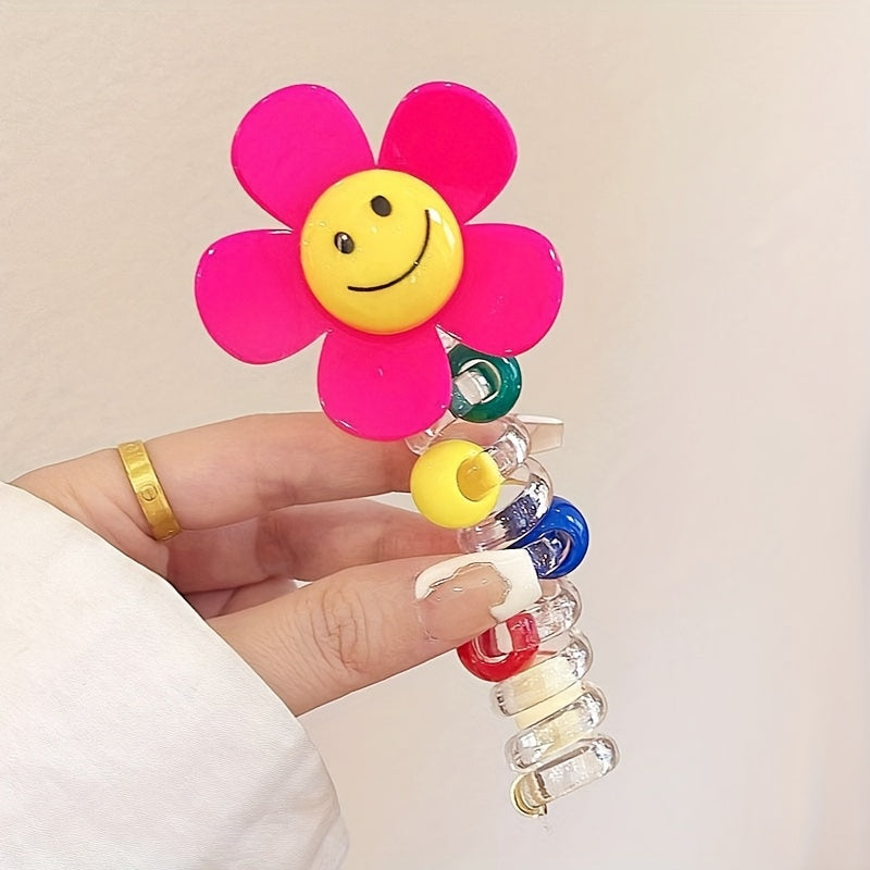 4pcs Sweet Sunflower Bubble Braid Hair Ties - Durable Smile Flower Phone Cord Hair Accessories