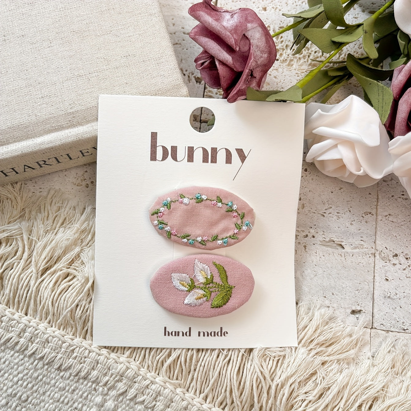 2pcs Pink Retro Embroidery Flower Hairpin Headwear For Girls