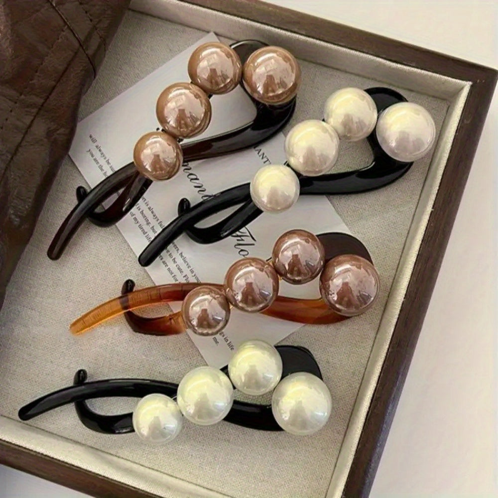4pcs Elegant Pearl Hair Clips for Women - Long Hair with Black Ribbon Decoration