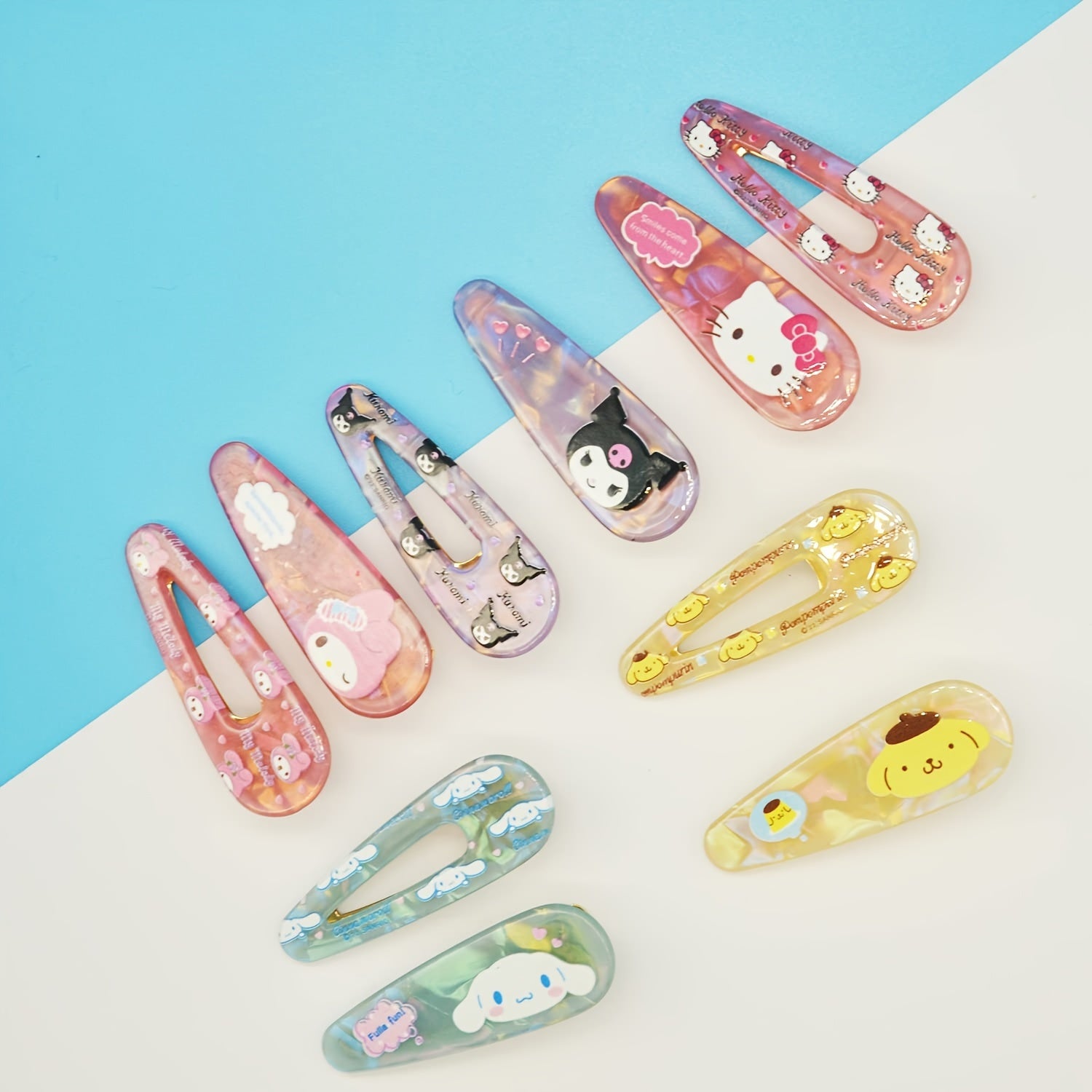 10pcs Sanrio Series Artificial Jade Kuromi Melody Cute Laser Hair Clips Bangs Clip Cartoon Girly Heart Hairpin