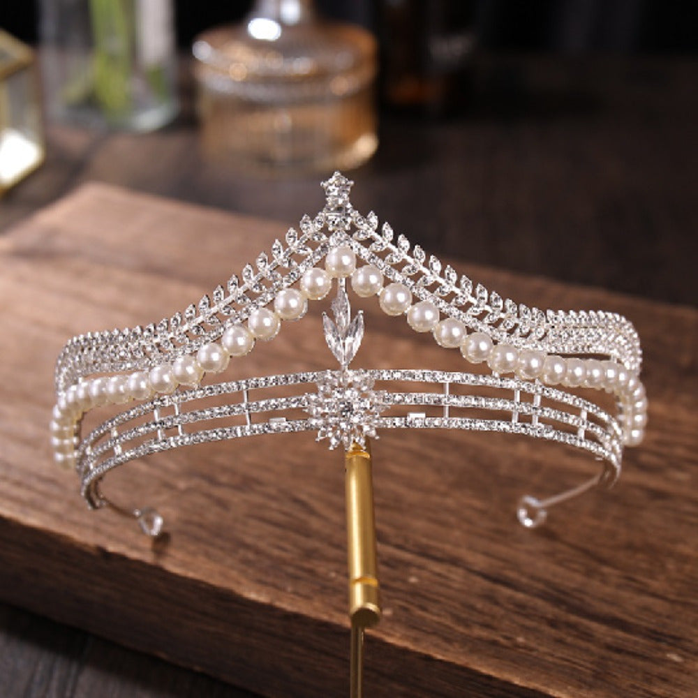Elegant Pearl Crown Headpiece for Women - Sparkling Rhinestone Princess Crown with Floral Design