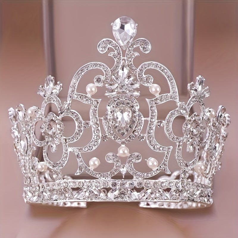 Baroque Rhinestone Crown Headband, Zinc Alloy White Tiara with Plant Details