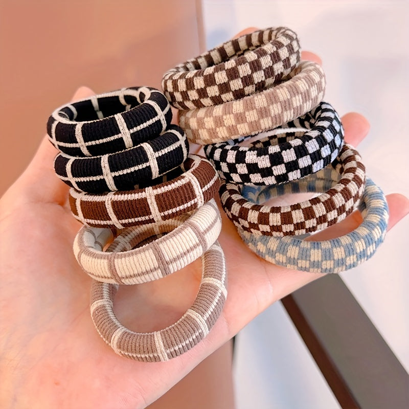 10pcs Hair Ties 10pcs Thick Hair Ties | High Elasticity Multi-Color Bohemian & Hip-Hop Style Hair Bands with Checkered
