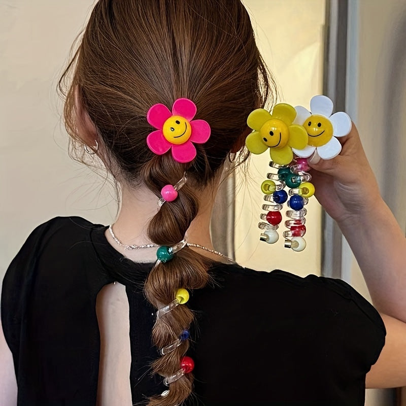 4pcs Sweet Sunflower Bubble Braid Hair Ties - Durable Smile Flower Phone Cord Hair Accessories