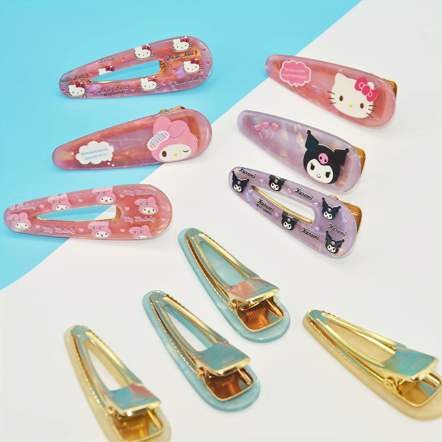 10pcs Sanrio Series Artificial Jade Kuromi Melody Cute Laser Hair Clips Bangs Clip Cartoon Girly Heart Hairpin