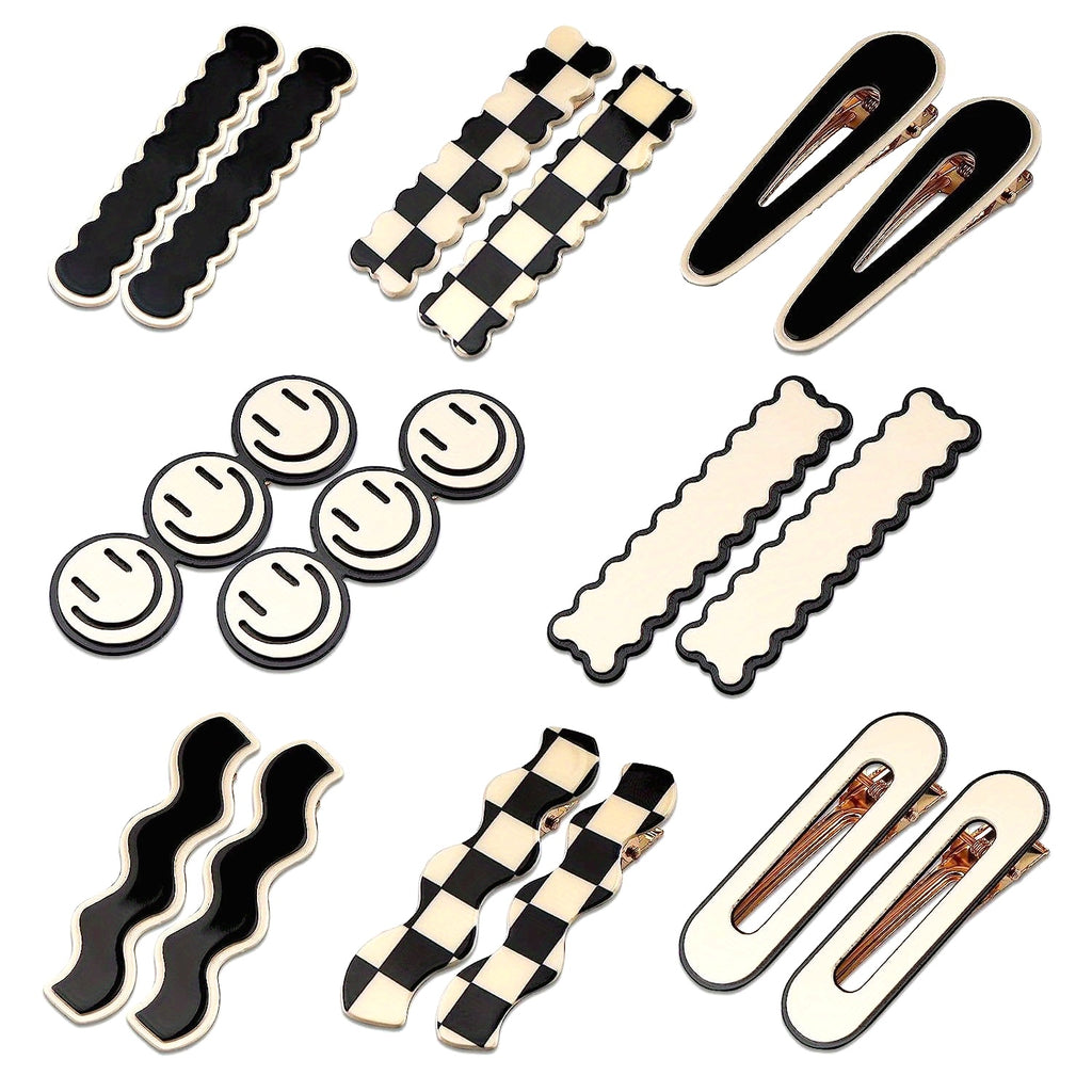 16pcs Cute Sweet Korean Style Hair Clips Set, Black White Checker & Wave Geometric Duckbill Pins