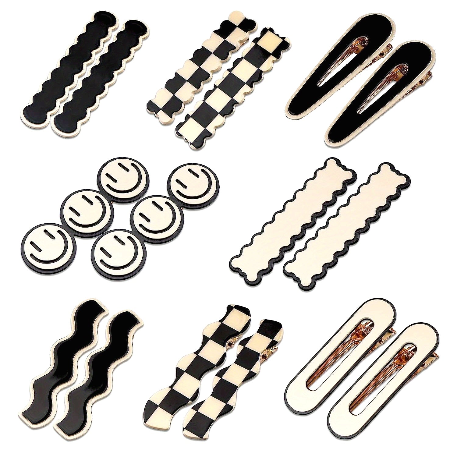 16pcs Cute Sweet Korean Style Hair Clips Set, Black White Checker & Wave Geometric Duckbill Pins