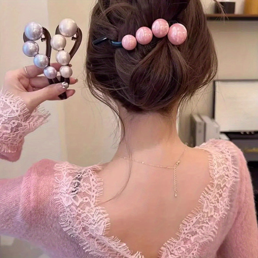 4pcs Elegant Pearl Hair Clips for Women - Long Hair with Black Ribbon Decoration