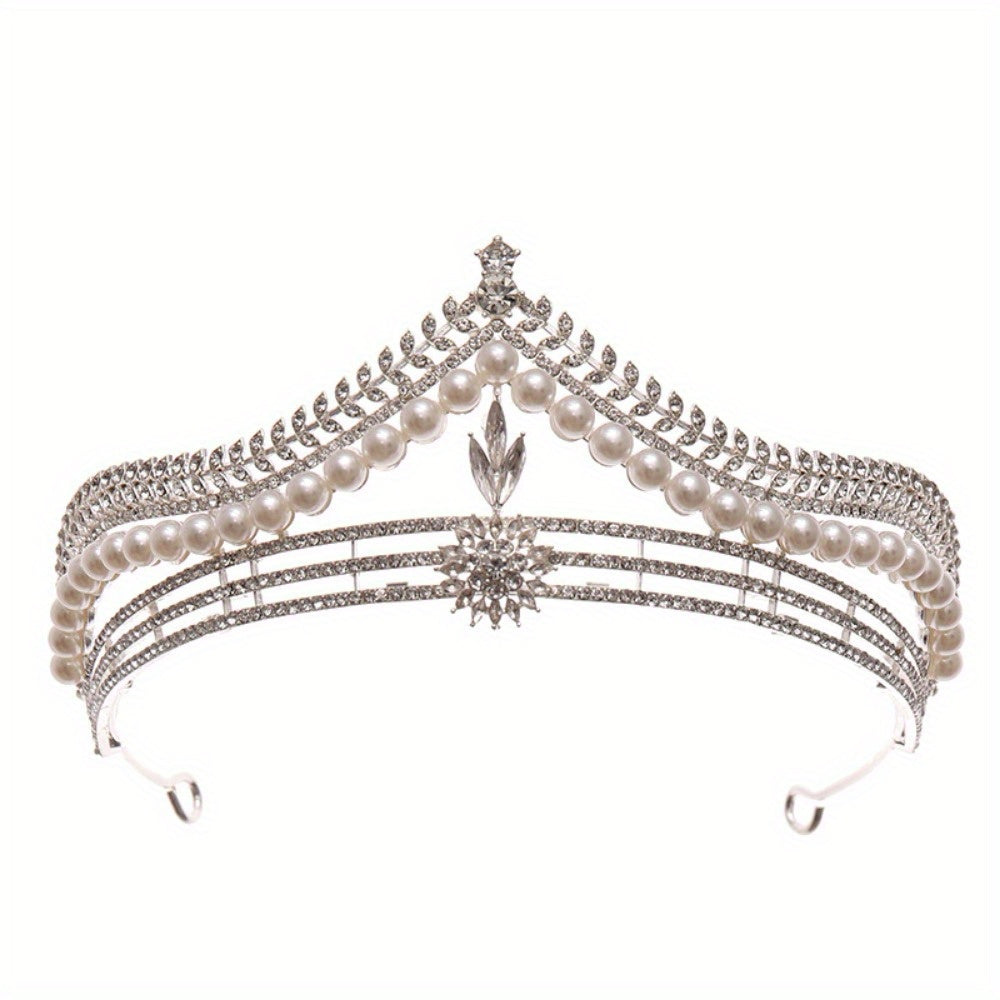 Elegant Pearl Crown Headpiece for Women - Sparkling Rhinestone Princess Crown with Floral Design