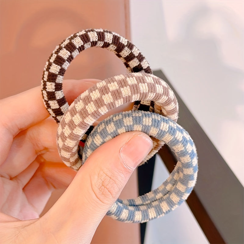 10pcs Hair Ties 10pcs Thick Hair Ties | High Elasticity Multi-Color Bohemian & Hip-Hop Style Hair Bands with Checkered