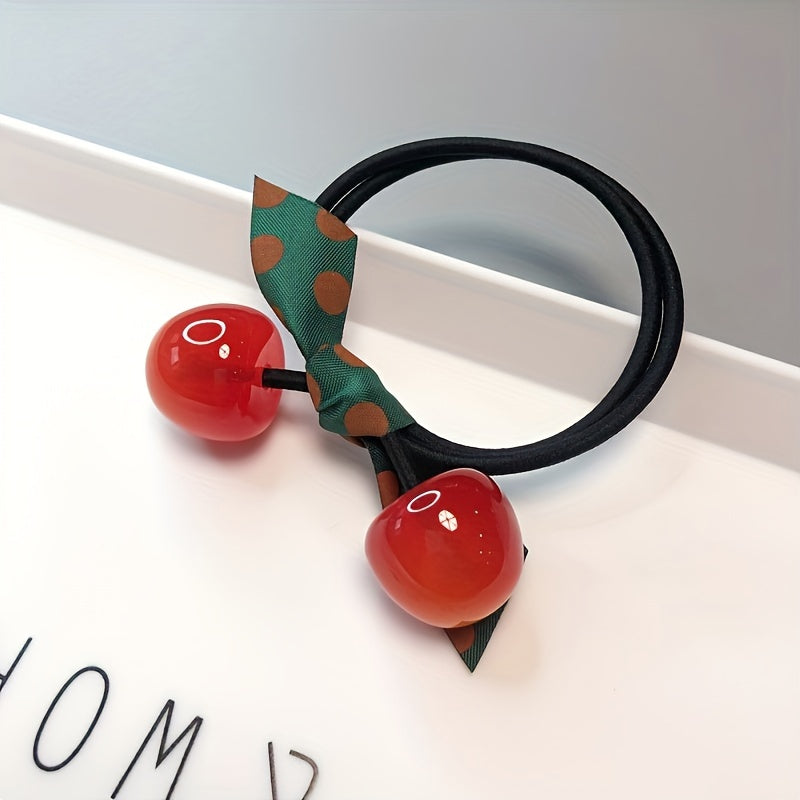 3pcs Adorable Cherry-Shaped Hair Ties for girls - Vibrant Red with Green Polka Dot Ribbon