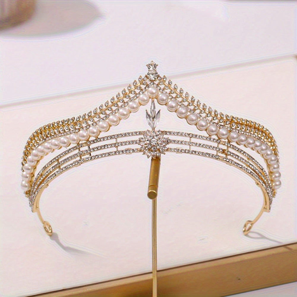 Elegant Pearl Crown Headpiece for Women - Sparkling Rhinestone Princess Crown with Floral Design